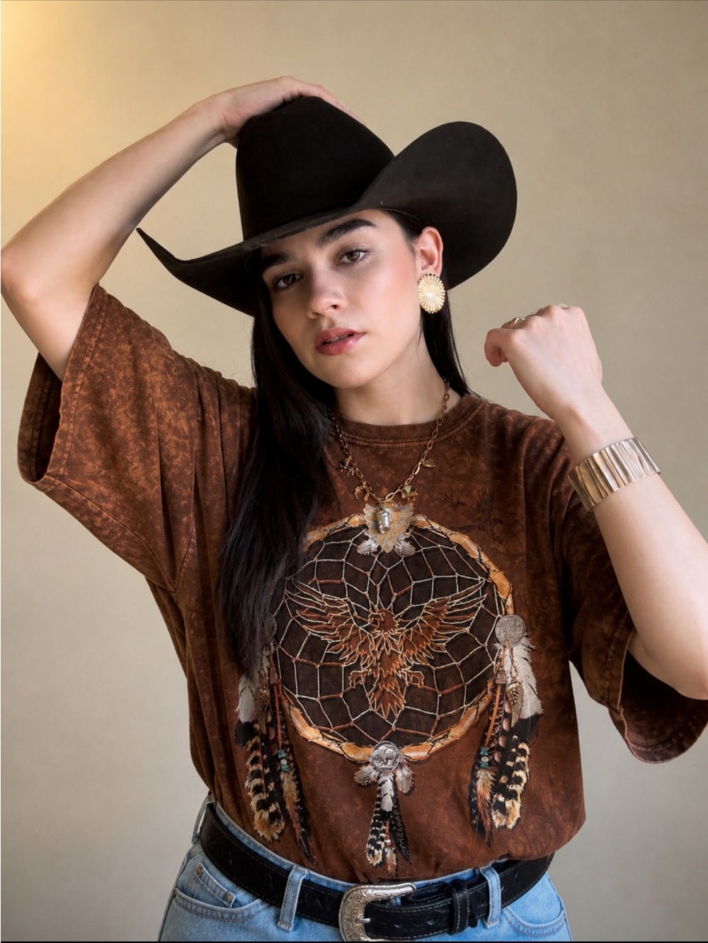 The Mountain Dreamcatcher Eagle T-Shirt XL Brown Tie Dye Boho Western Graphic